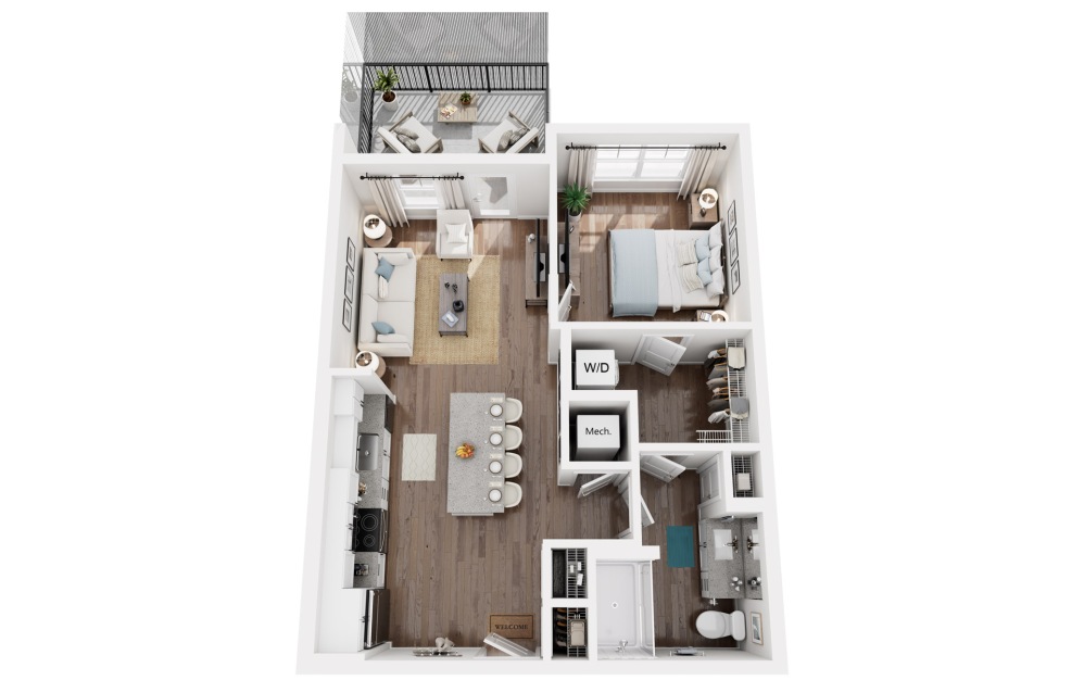 Coral - 1 bedroom floorplan layout with 1 bathroom and 728 square feet (3D)