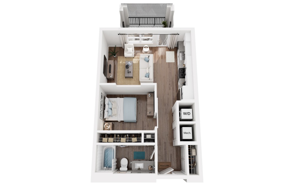 Crane - Studio floorplan layout with 1 bathroom and 627 square feet (3D)