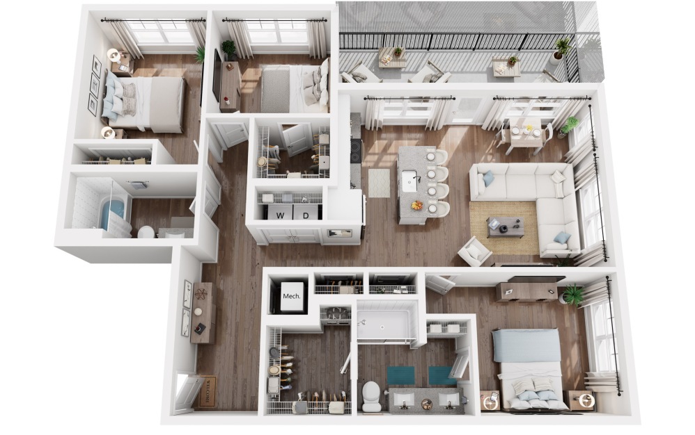 Cypress - 3 bedroom floorplan layout with 2 bathrooms and 1446 square feet (3D)