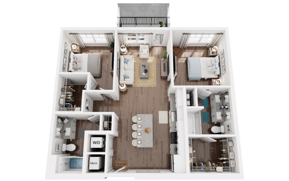 Magnolia - 2 bedroom floorplan layout with 2 bathrooms and 1128 square feet (3D)