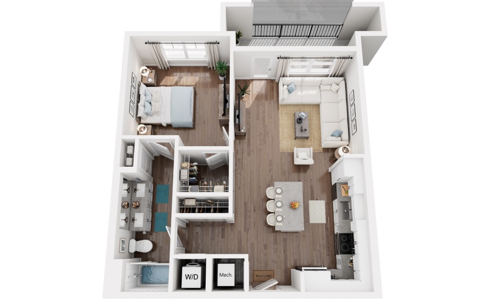 Palm - 1 bedroom floorplan layout with 1 bathroom and 848 square feet (3D)