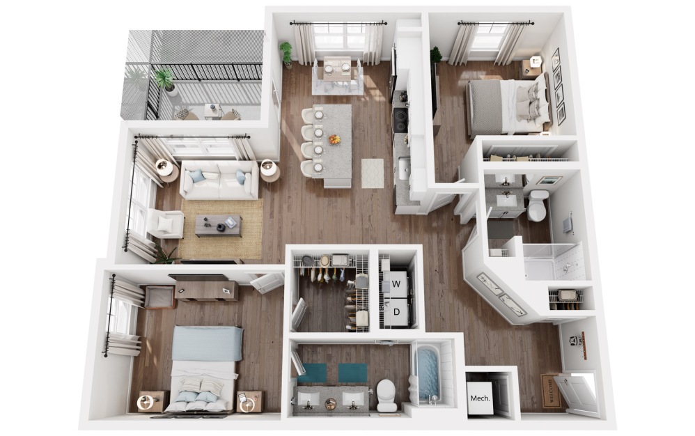 Seagrass - 2 bedroom floorplan layout with 2 bathrooms and 1178 square feet (3D)
